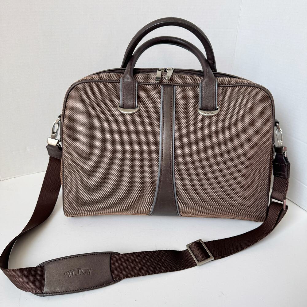 Tumi Brown Ballistic Nylon Leather Trim Laptop Briefcase Messenger Bag - Picture 2 of 14